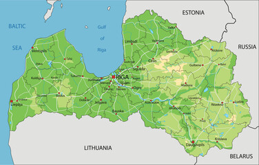 Highly detailed Latvia physical map with labeling.