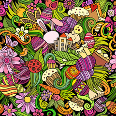 Cartoon cute doodles hand drawn Happy Easter seamless pattern.