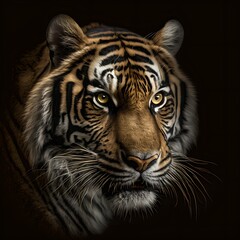 Fototapeta premium Tiger head portrait on black background - Generative AI