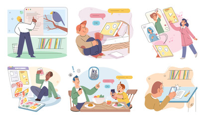 Happy little kid using tablet, child watching smartphone while eating at kitchen at home. Irritated mom is nervous that kid is distracted during feeding and spends too much time with gadgets