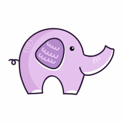 Cute purple elephant. Vector doodle illustration for kid.
