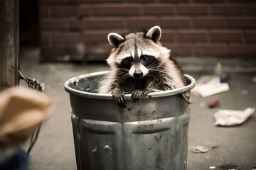 raccoon in the trash bin on the street,  generative AI - obrazy, fototapety, plakaty
