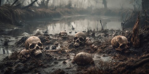 Skeletal remains of fallen warriors of war, human skulls and bones embedded in dirty wet rainfall swamp mud, death and decay, mass grave horror - generative AI