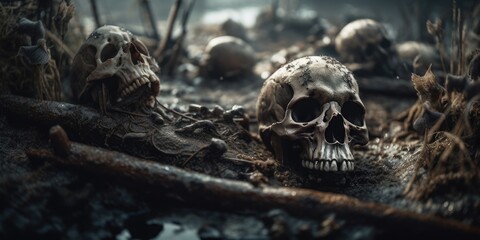 Skeletal remains of fallen warriors of war, human skulls and bones embedded in dirty wet rainfall swamp mud, death and decay, mass grave horror - generative AI