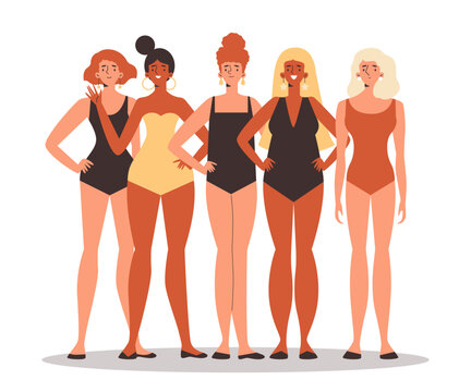 Female characters with various body types and races, flat vector isolated.