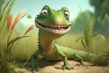 Obraz premium lizard in nature cartoon illustration for kids and children's book generative ai artwork
