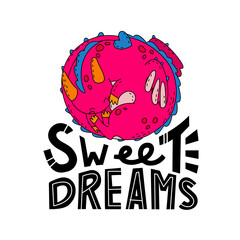 Childish illustration with a cute baby dragon and a phrase sweet dreams. Design of children clothing, typography and interior items. Symbol of the Chinese year of the dragon 2024.  Vector illustration