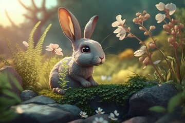 Rabbit in nature cartoon illustration for kids and children's book generative ai artwork