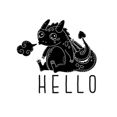 Childish illustration with a cute baby dragon and a phrase hello. Design of children's clothing, typography and interior items. Symbol of the Chinese year of the dragon 2024.  Vector illustration.