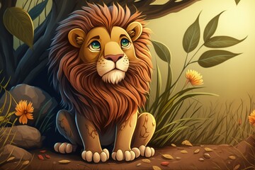 lion in nature cartoon illustration for kids and children's book generative ai artwork