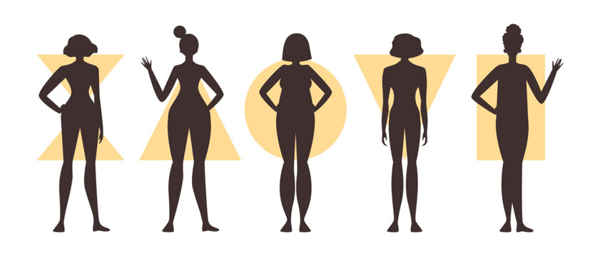 Triangle and rectangle, pear and apple figure types of women, vector isolated.