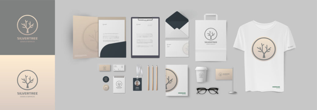 Design pack for modern company with minimal logo and corporate branding in grey and light brown colors. Set of ready elements include folder and A4 form, business card and paper bag, envelope and cup