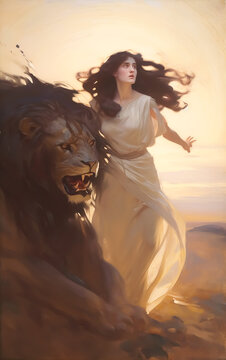 Dramatic portrait of a woman holding the mane of a roaring lion, vintage oil painting style.  Generative AI