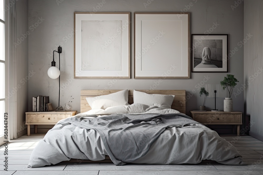 Poster blank frame model in a bedroom decorated in a rustic style. there is a floor lamp. generative ai