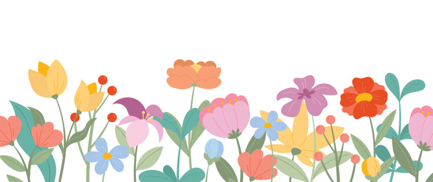 Abstract floral art background vector. Wallpaper of spring colorful flowers garden. Isolated on white for greeting cards, Easter, thanksgiving. Spring set, background, cover, hand drawn elements.