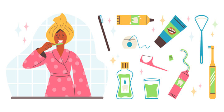 Woman brushing teeth and set of hygiene products and tools, flat vector isolated.