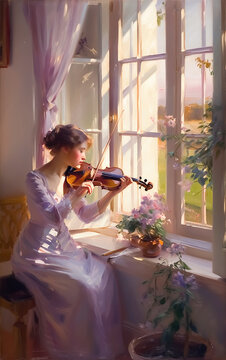 Romantic portrait of a young woman playing the violin in front of a sunlit window. Generative AI