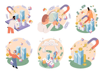 Businessman attracting and saving money with giant magnet. Fast cash loan for entrepreneurs, increasing profits and income. Wealth, business, financial energy concept. Investment attraction vector set