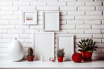 Fototapeta na wymiar White brick wall, an empty picture frame, succulents in a white ceramic pot, a red ball with woolen thread. Generative AI