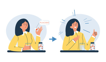 Woman feels good after taking placebo pill, flat vector illustration isolated on white background. - obrazy, fototapety, plakaty
