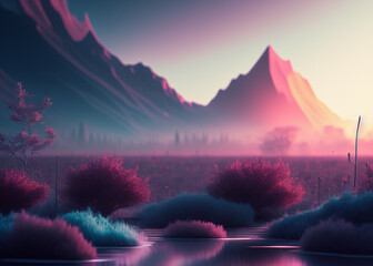 Illustration of a serene natural landscape with a forest, rocky terrain, and a flowing river created with Generative AI technology
