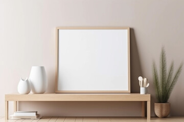 Blank picture frame on a wooden table Generative AI