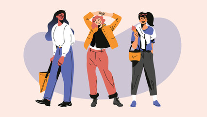 Women character design collection. Modern cartoon flat style design with teenage girls in different clothes, poses. Characters illustration for social media, background, poster, cover.