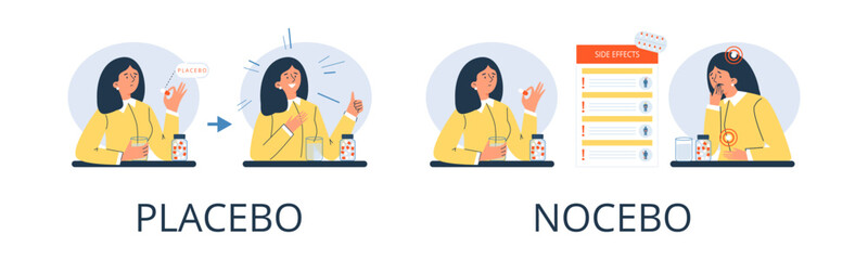 Difference between placebo and nocebo effects, flat vector illustration isolated on white background.