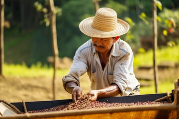 A man wearing a straw hat is handling coffee beans. Generative AI - obrazy, fototapety, plakaty