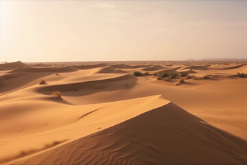 Fototapeta na wymiar A desert landscape with sand dunes and the sun setting Generative AI