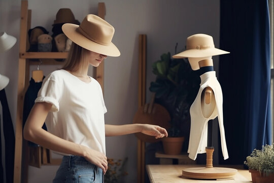 A woman stands in front of a mannequin wearing a shirt that is designer Generative AI