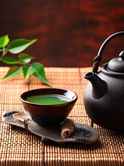 Asian tea set. Japanese teapot and cups on bamboo mat. generative ai. Hot tea in pot and teacups