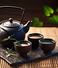 Foto op Aluminium Asian tea set. Japanese teapot and cups on bamboo mat. generative ai. Hot tea in pot and teacups © Aquir