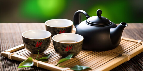 Asian tea set. Japanese teapot and cups on bamboo mat. generative ai. Hot tea in pot and teacups