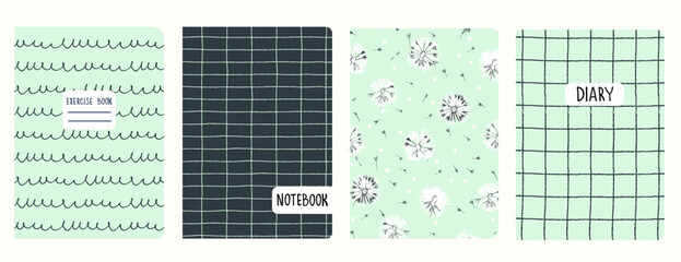 Set of cover page templates based on grid seamless patterns, spiral lines, polka dot pattern. Plaid backgrounds for school notebooks, diaries. Headers isolated and replaceable