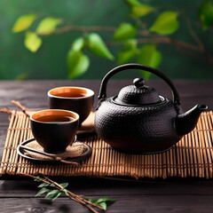 Obraz na płótnie Canvas Asian tea set. Japanese teapot and cups on bamboo mat. generative ai. Hot tea in pot and teacups