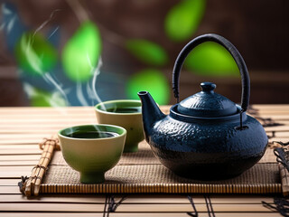 Asian tea set. Japanese teapot and cups on bamboo mat. generative ai. Hot tea in pot and teacups - obrazy, fototapety, plakaty