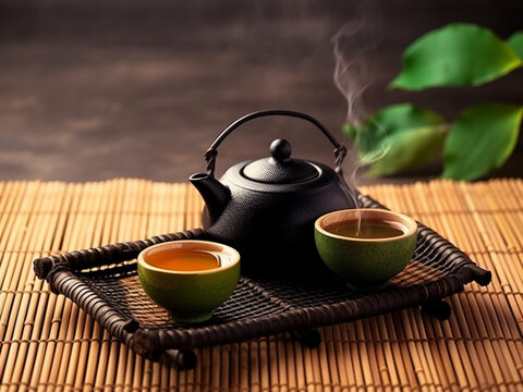 Asian tea set. Japanese teapot and cups on bamboo mat. generative ai. Hot tea in pot and teacups