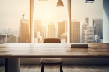 Modern office background with wood table in city center and blank copy space for product display mockup. Interior of a desk in a workspace used for business. Generative AI