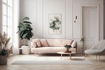 a mockup of a modern living room in the Scandinavian design with a beige sofa and a plant,. Generative AI