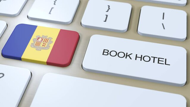 Book hotel in Andorra with website online. Button on computer keyboard. Travel concept 3D animation. Book hotel text and Andorra national flag