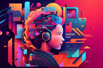 The concept of artificial intelligence. A woman's head in profile and microchips on black background. The invention of robots is a trendy illustration. Generative AI art.