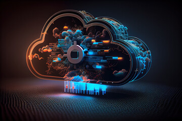 Cloud Storage Server Futuristic Technology Cyber-World 3D AI Illustration: Datacenter with Global Network, and Generated Graphics for IT Services and Cybersecurity. AI Generated Image.