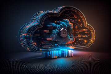 Cloud Storage Server Futuristic Technology Cyber-World 3D AI Illustration: Datacenter with Global Network, and Generated Graphics for IT Services and Cybersecurity. AI Generated Image.