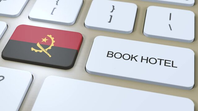 Book hotel in Angola with website online. Button on computer keyboard. Travel concept 3D animation. Book hotel text and Angola national flag