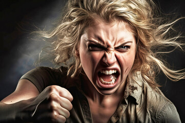 Blonde young woman with wild hair looking angry with distorted face and raised fist in fight, made with generative ai
