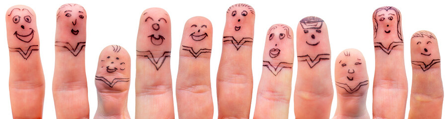 Lustige Figuren aus angemalten Fingern als Symbol für eine Gemeinschaft - obrazy, fototapety, plakaty