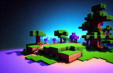 Square purple and green landscape illustration created through Generative AI generated computer graphics