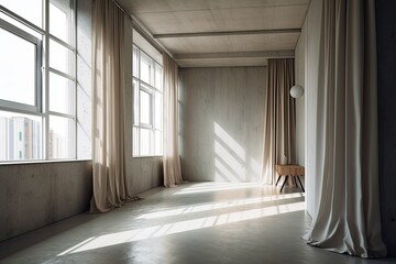 interior of light colored concrete with curtain. Generative AI