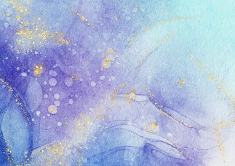 Abstract painted blue watercolor with gold on paper texture background, Digital paint for template or any design